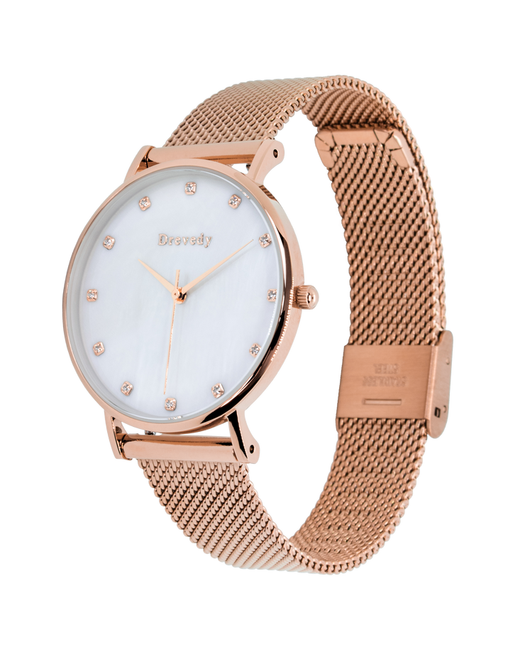 Rose gold watch. Pearl shell. Crystals. Mesh strap. Feminine. Classy.