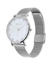 Silver watch. Pearl shell. Crystals. Mesh strap. Feminine. Classy.