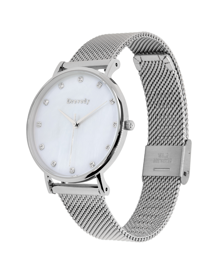 Silver watch. Pearl shell. Crystals. Mesh strap. Feminine. Classy.